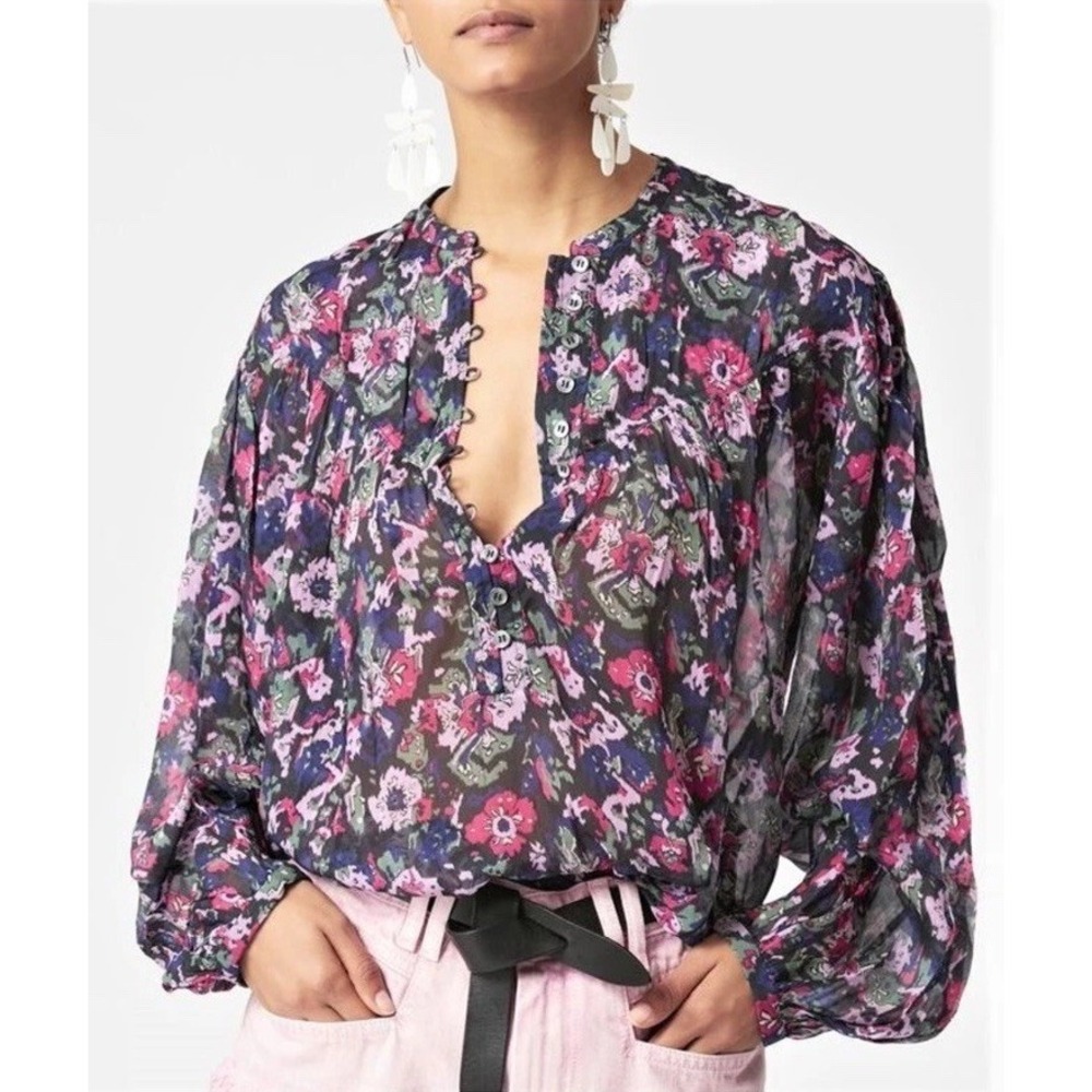 Isabel Marant‎ Kiledia Puff Sleeve Top Faded Night Size 38 Retail $740.00